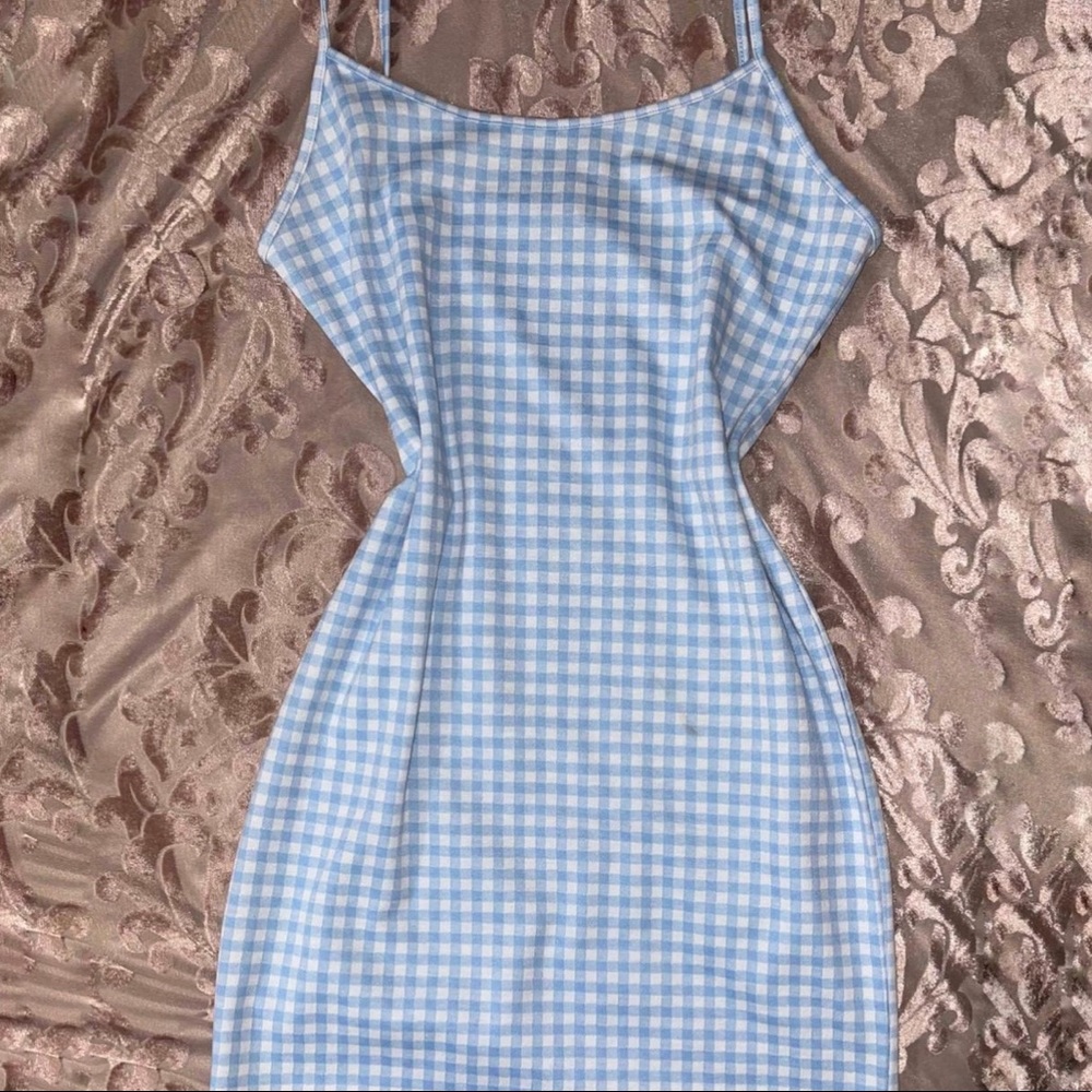 Cottagecore white/blue plaid gingham bodycon dress